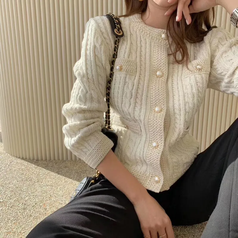 Autumn Elegant Knitted Long Sleeve Jackets Winter Korean Round Neck Twist Cardigan Sweater Outerwear Loose Casual Office Coats