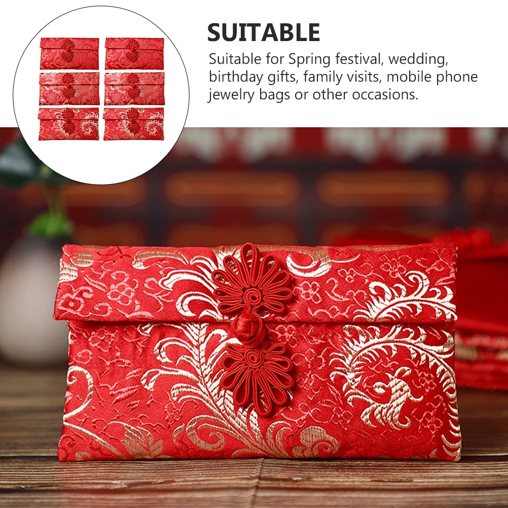 6 Pcs Buckle Fabric Red Envelope Chinese Knot Envelopes Silk Brocade Money Holders Paper Bags Printing Products Red Packets