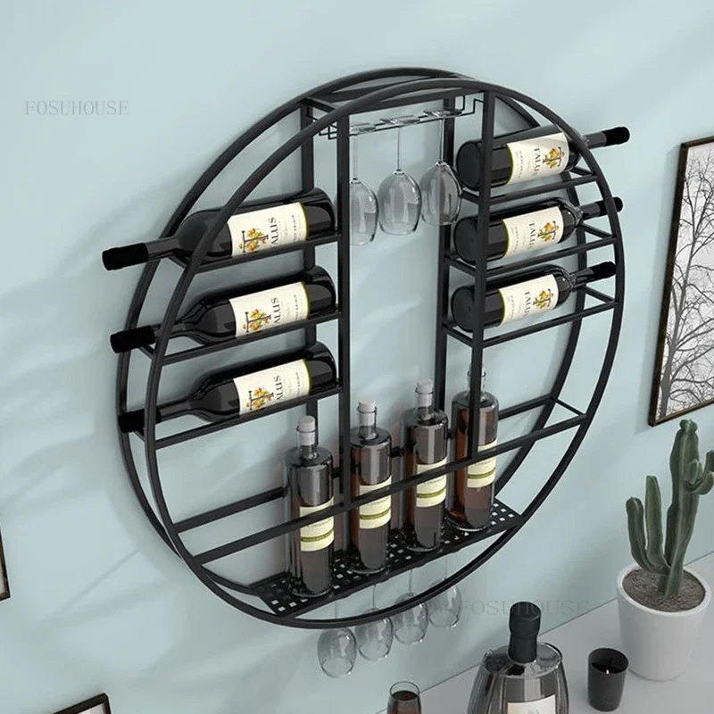 European Wrought Iron Bar Cabinets for Living Room Display Cabinet Modern Minimalist Bar Furniture Round Wall-mounted Wine Rack
