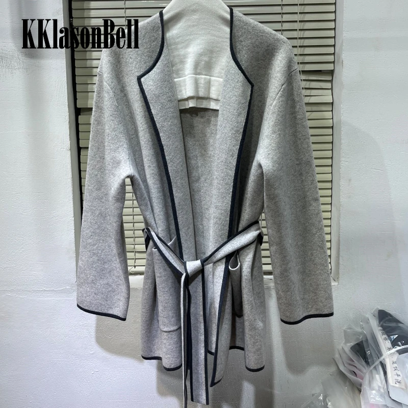 

10.30 KKlasonBell Fashion With Belt Contrast Color Cashmere Knitted Cardigan Sweater Women