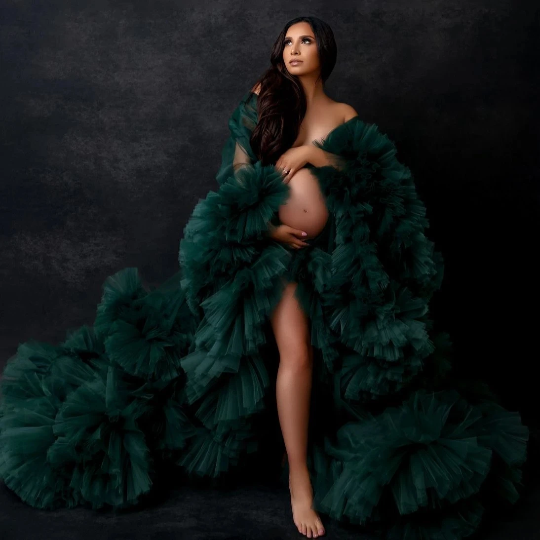 

Luxury Ruffle Tulle Maternity Dress for Photo Shoot Pregnancy Women Robes Green Tiered See Thru Maternity Gowns Babyshower Dress