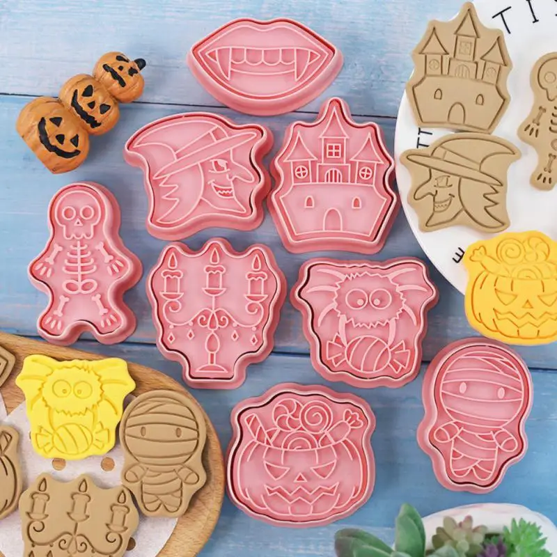 Cookie Cutters Set Cartoon Owl Castle Pumpkin Witch Vampire Skull Pressable Stamp Biscuit Mold Halloween Decoration