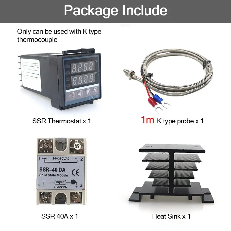 REX-C100 PID Temperature Controller + 40A SSR + K Thermocouple Set With Heat Sink - 220V Digital Control For Heating - View #6