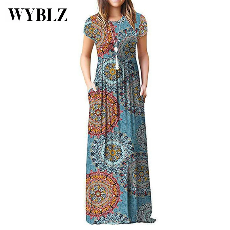 

WYBLZ Summer Printed Long Dress Women's Vintage Elements Pocket Maxi Dresses O Neck Flower Boho Dress Vestidos Female