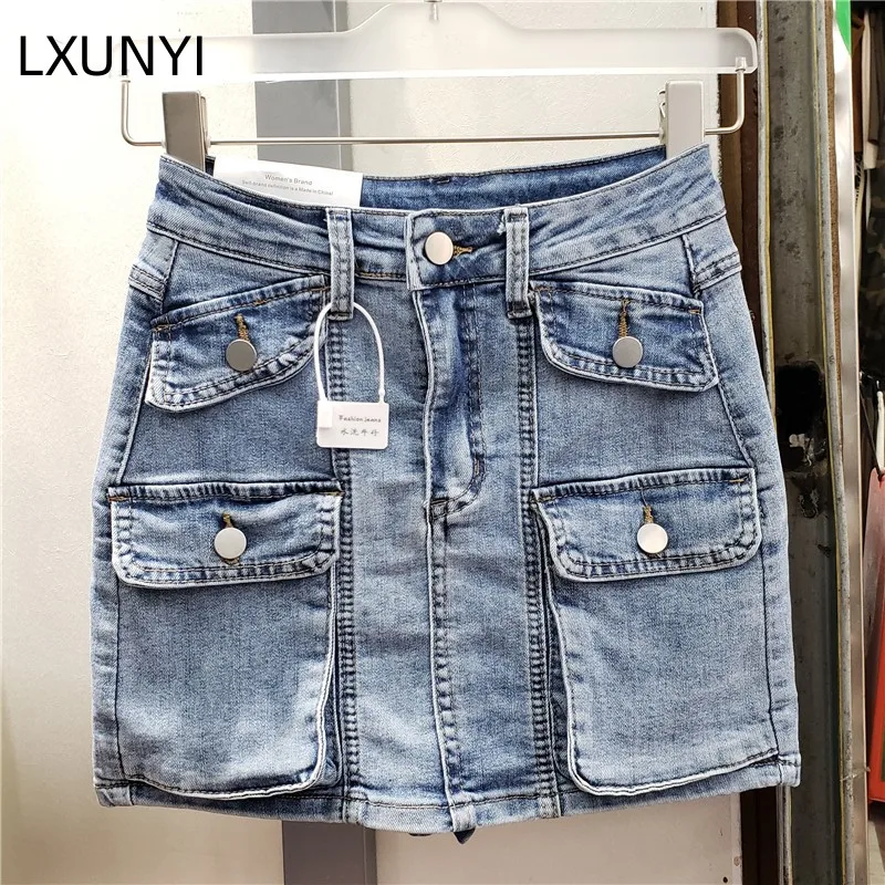 

LXUNYI Light Blue High Waist Multiple Pockets Denim Skirt Women Frock Cargo Denim Skirts High Waist Sexy Skinny Pencil Skirt