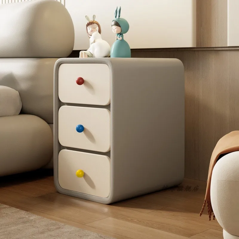 Mesita de noche F36 Ins, mesita de noche de madera maciza, mesita de noche rosa, gabinete de almacenamiento de 3 cajones, mesita de noche de dibujos animados con bloques de colores