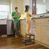 Metal Iron & Wood 2-Step Stool Sturdy Rise Footstool for Kids Household Multi-function Ladder Entryway Shoe Stool & Organizer 2