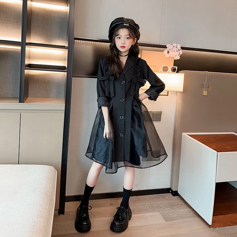 

Young Girls Blazers Dresses Two-Pieces Suit Ing Yarn Skirt Coats Spring Autumn Kids Jacket Teenage Girl Dress 5-12T