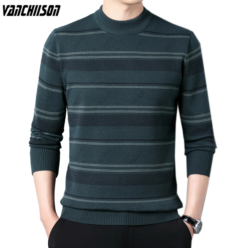 Men Striped Sweater Pullover Knit Jumpers Tops Thick for Autumn Winter Retro Vintage Casual Green Grey 00379