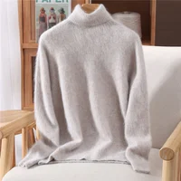 Women's High Collar 100% Mink Cashmere Sweater Autumn/Winter Long sleeves Knit Pullover Loose Bottom Fashion Basic Top 23 colors - Image 2