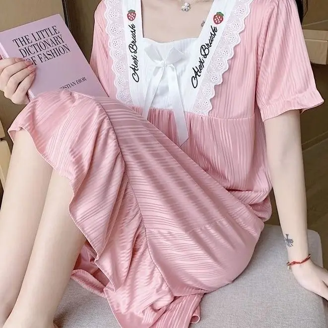 Vestido de pijamas de manga curta para meninas, roupa de pijamas pequena solta, estudante feminina, mobiliário doméstico, novo, verão