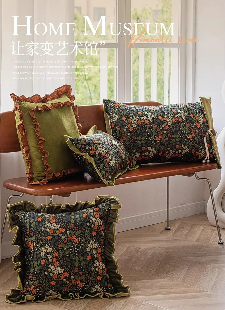 Luxus Blumenmuster Kissenbezüge Nordic Rüschen Dekorative Dekokissenbezüge Für Bauernhaus Sofa Wohnzimmer Dekoration – Detail 1