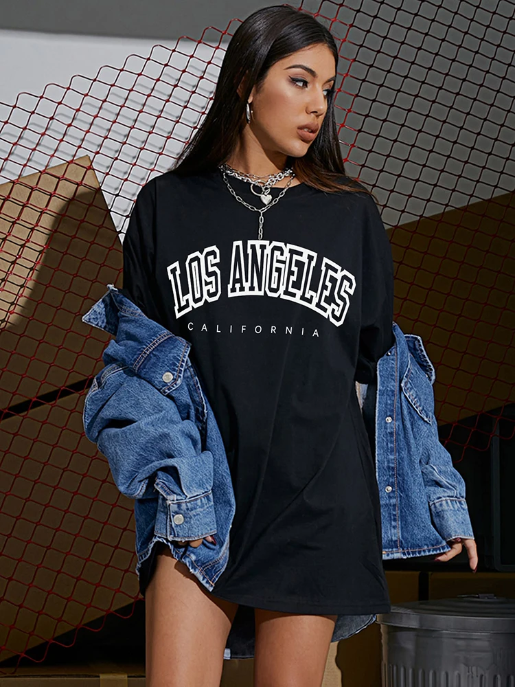 Los Angeles Street Personality Printed T-Shirts Women O-Neck Breathable Tops Loose Oversized Cotton T Shirt Summer Brand Tshirt