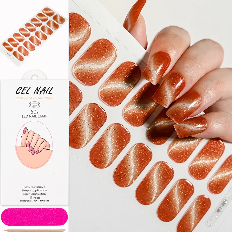 16Tips Soild Color Nude Pink Semi-Cured Gel Nail Sticker Long-Lasting UV Nail Sticker Full Cover UV/LED Extension Gel Nail Foil 2