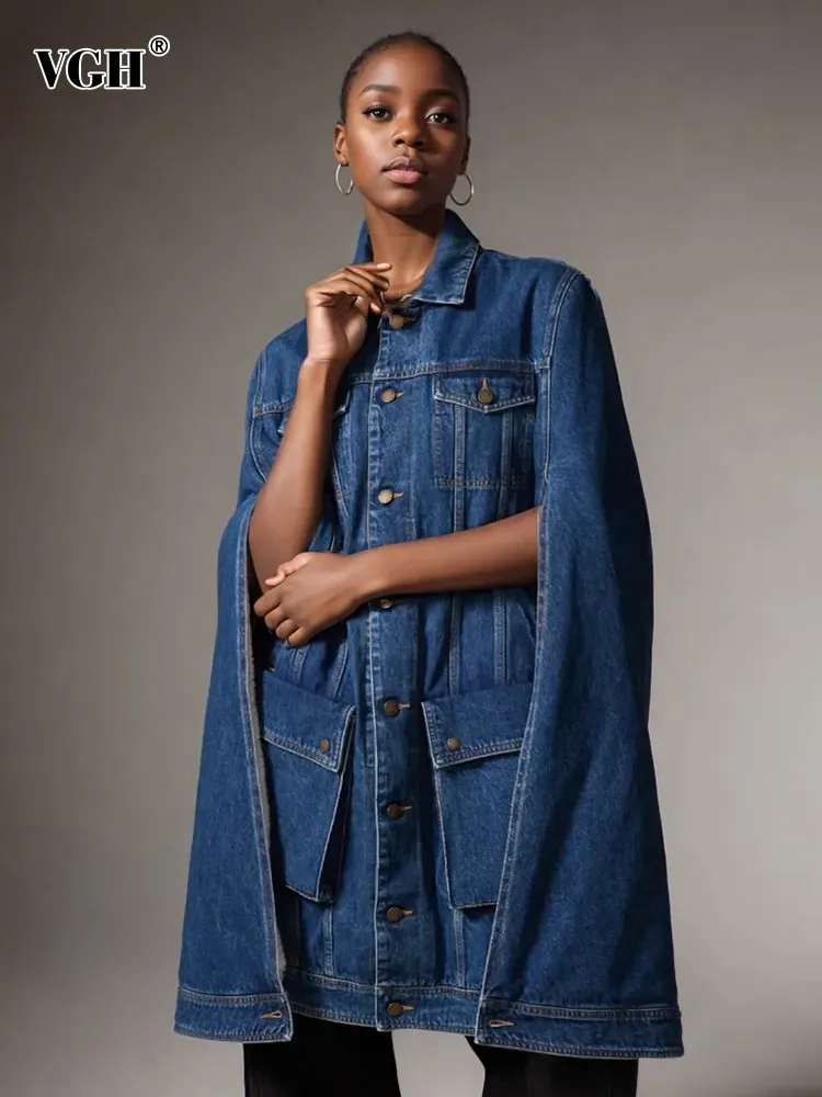 

VGH Solid Patchwork Pocket Denim Coat For Women Lapel Long Sleeve Spliced Single Breasted Casual Coats Female Fashion Clothes