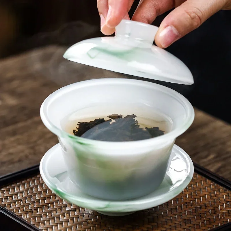 Emerald Green Ink Tea Cup Jade Porcelain Sancai Covered Bowl Tea Bowl Tureen Glass Kungfu Set Accessories Gift