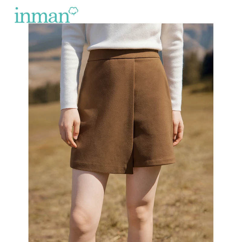 

INMAN Women Imitation Woolen Skirt Pants 2023 Winter Elastic Waist A-shaped Slim Fit Culotte Elegant Versatile Short Pants