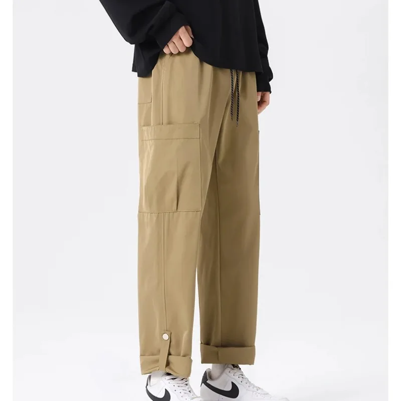 Spring Autumn Men's Pockets Solid High Waisted Elastic Casual Loose Straight Leg Trousers Casual England Style Vacation Pants