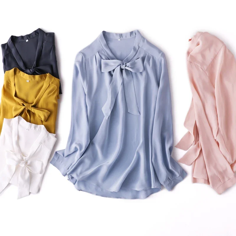 

Spring Fall Shirts Long Sleeve Tops Woman Elegant Real Silk Pullover Bowknot Women Clothing 100% Mulberry Silk Shirt Ropa Mujer