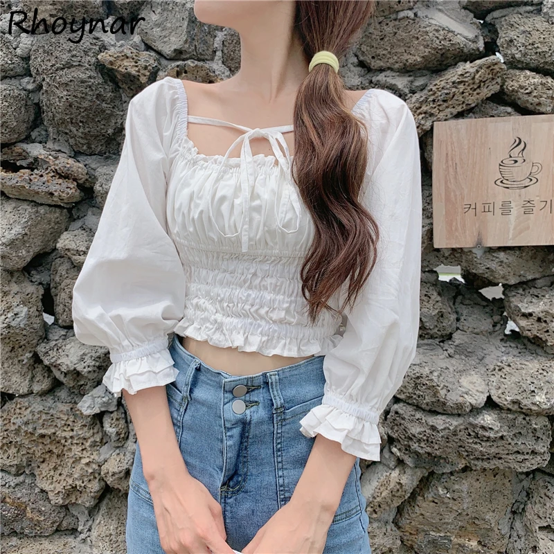 Blusas de estilo universitario mujer, blusa con cuello cuadrado, Tops básicos de calle para primavera y | AliExpress