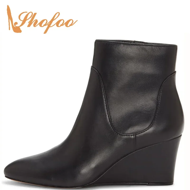 

Black Pointed Toe Ankle Boots Woman High Wedges Heels Zipper Large Size 13 14 Ladies Winter Booties Warm Mature Shoes Shofoo