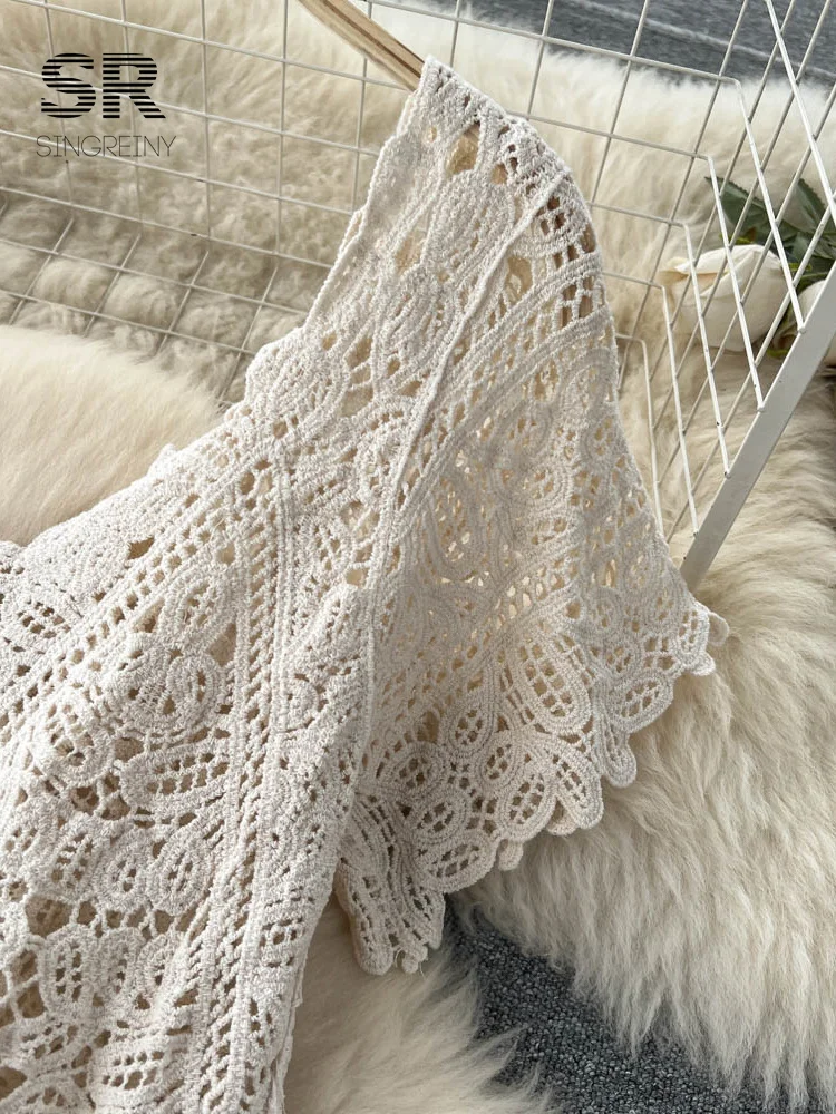 SINGREINY Loose Knit Long Dress Women V Neck Solid Hollow Out Design Retro  Fashion 2023 Ladies Y2K Casual Summer Beach Dresses - AliExpress 200000345