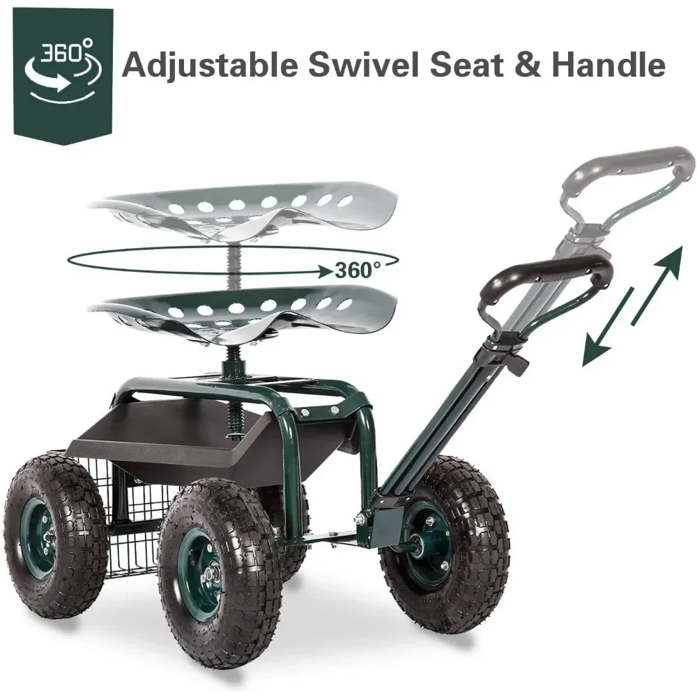 Cart Rolling Work Seat with Tool Tray Heavy Duty Scooter Gardening Planting