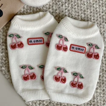 Small Dog Teddy Sweater Pet Cute Cherry-Print Winter Warm Clothes Bichon Knit Pullover Maltese Fruit-Print Clothing