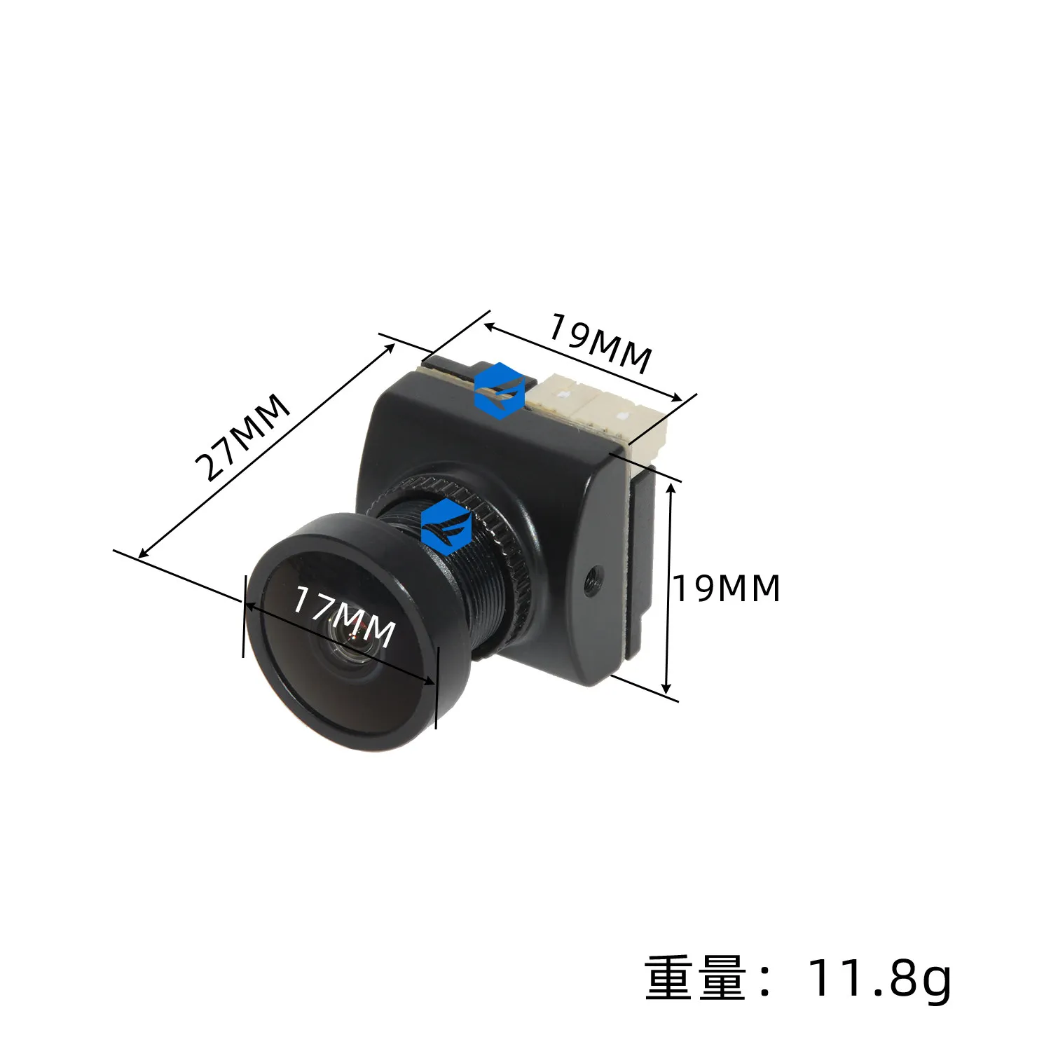 Caméra FPV Vision Nocturne 19mm fixée sous un drone, avec câble antenne visible.