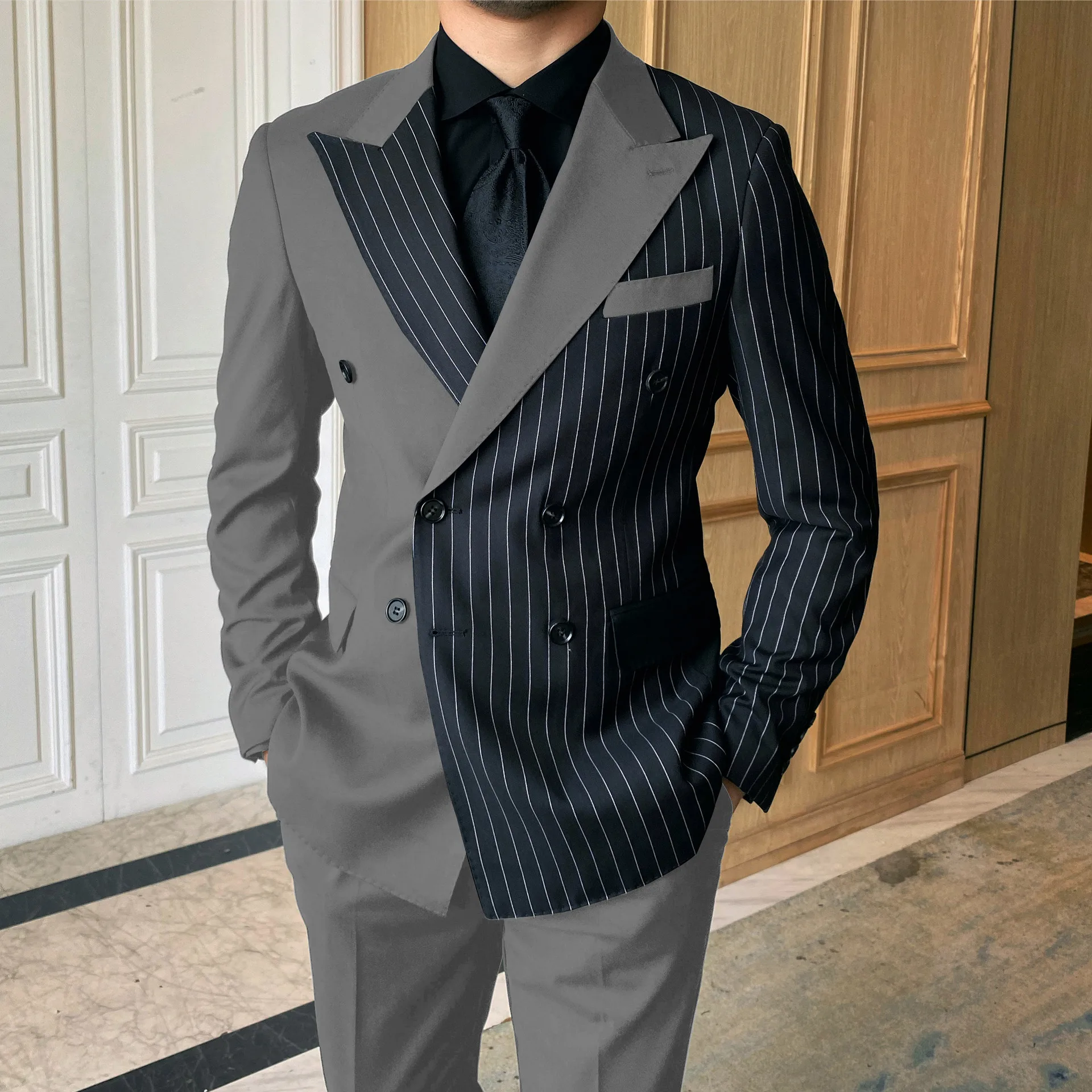 2023 New Fashion Double Breasted Casual Suit Two Piece Splice Contrast Men's Suit Business Dress Wedding Suit Men Clothing Suit