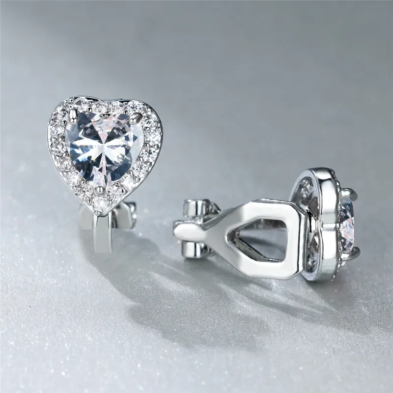 Vintage Black Stone Clip Earrings Pink Crystal White Zircon Love Heart Earrings For Women Dainty Silver Color Birthstone Jewelry