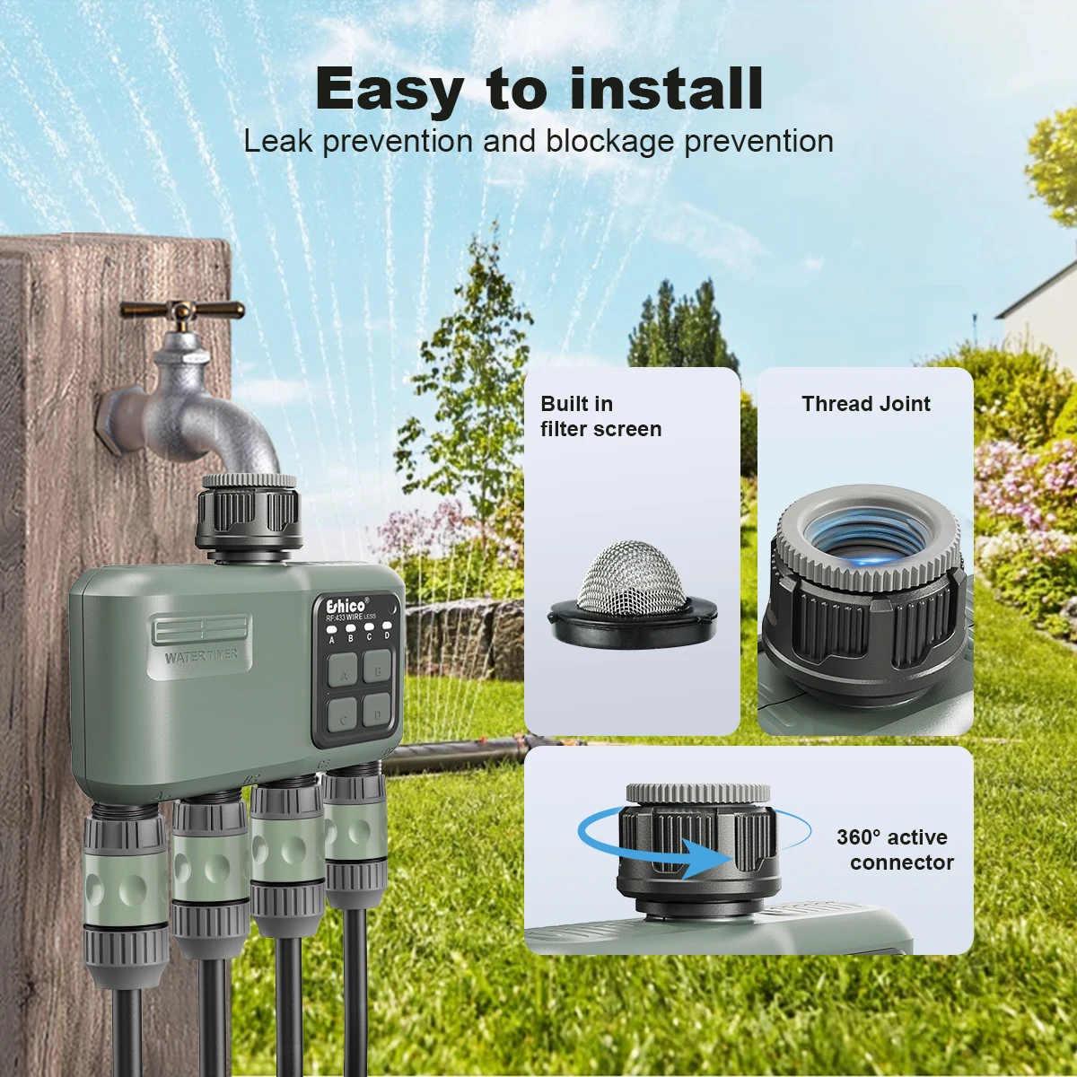 Eshico 639 Smart Sprinkler Timer: 4-Zonen-RF433-Funksystem mit 2x WLAN-Bereich, App-gesteuerte Gartenbewässerungslösung