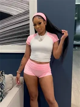 Weird  Puss Sporty Patchwork 3 Piece Set Women Casual Summer Headband+Crop Top+High Waist Bike Shorts Street Matching Tracksuit 1