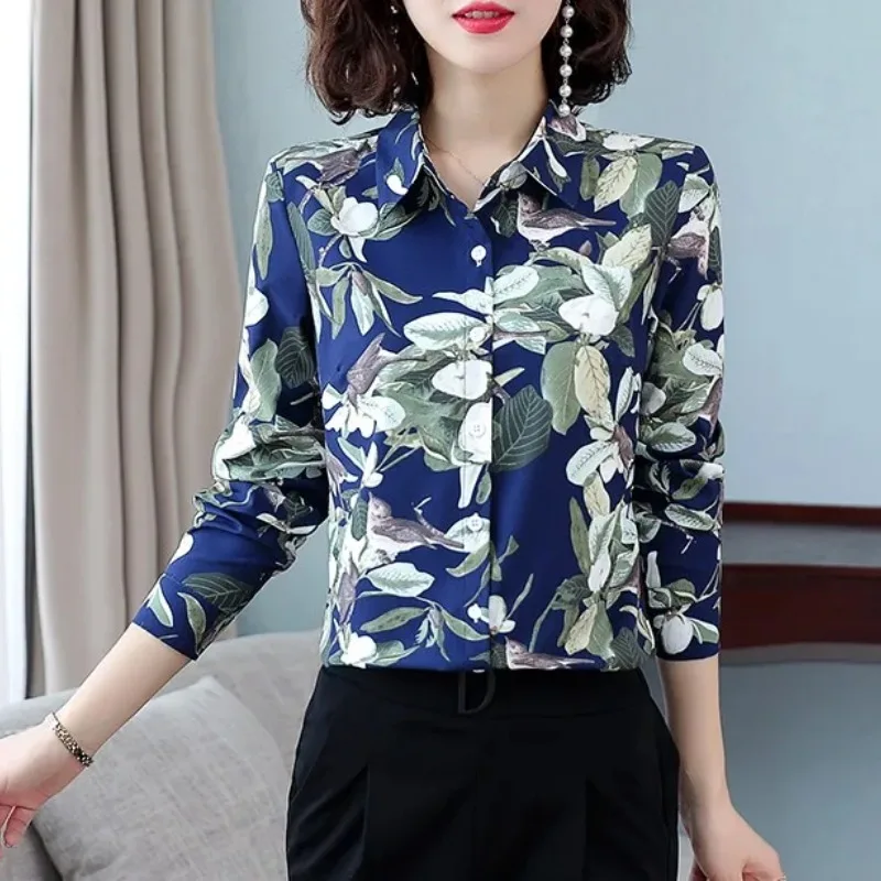 Women Summer Flower Turn-down Collar 100%Cotton Shirt