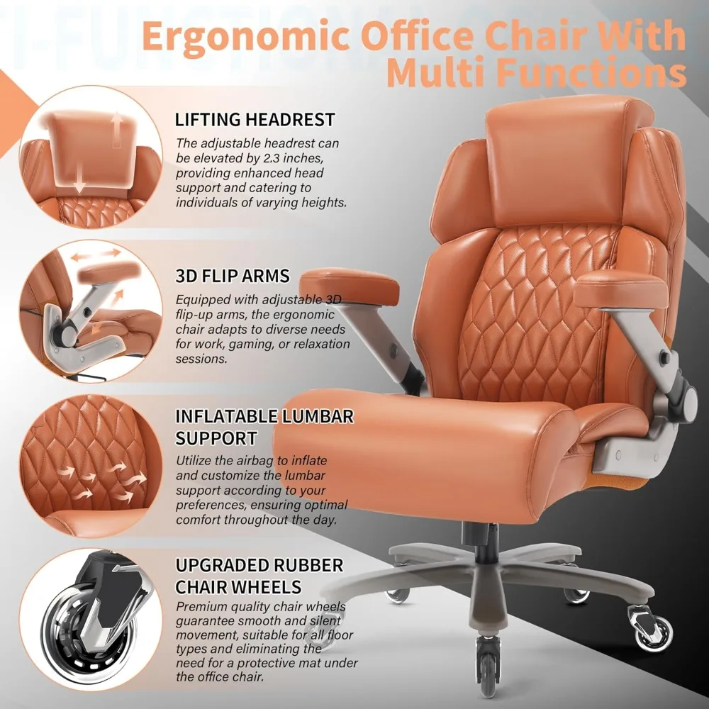 "sturdy ergonomic office chair for 700lbs - adjustable headrest & lumbar support, 3d flip arms, large wheels, heavy duty metal b