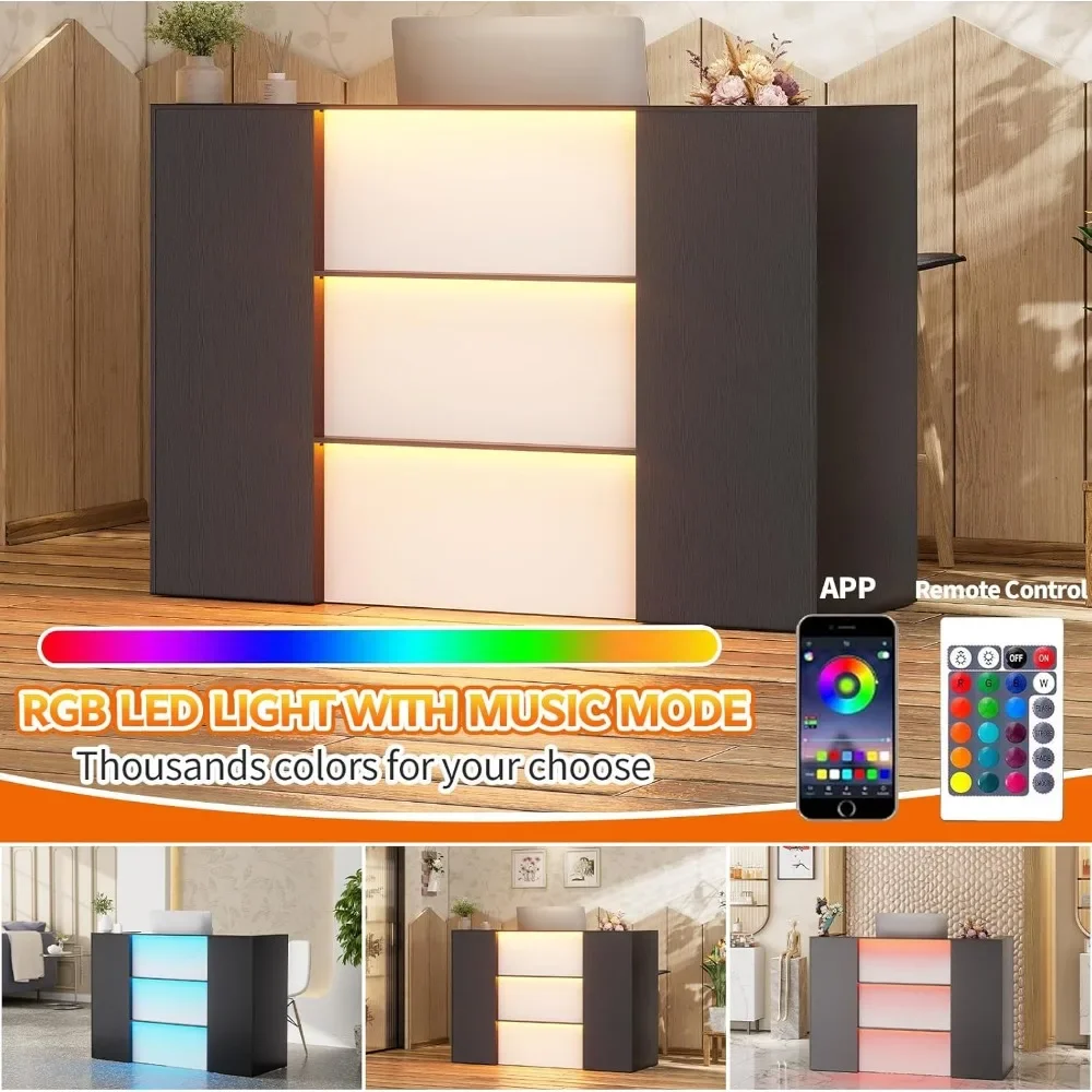Modern Reception Desk with LED Lights, 63 Inches Front Counter Table with Lockable Drawer & Shelves, Checkout Counter 4