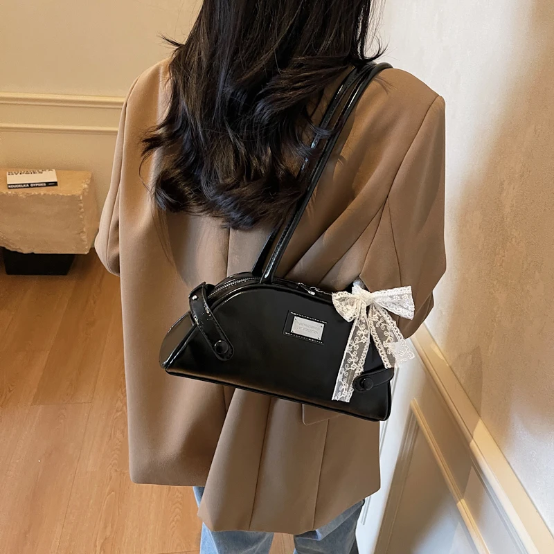 Women Small Underarm Bag PU Leather Bow Leisure Armpit Handbag Solid Color Travel Underarm Handbag Girls Outdoor Daily Bag