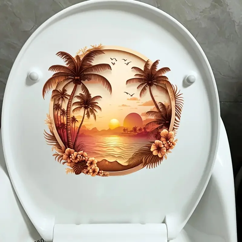 Tropical Sunset Beach Scene PVC Toilet Lid Decal-Self-Adhesive Waterproof Bathroom Decoration Sticker