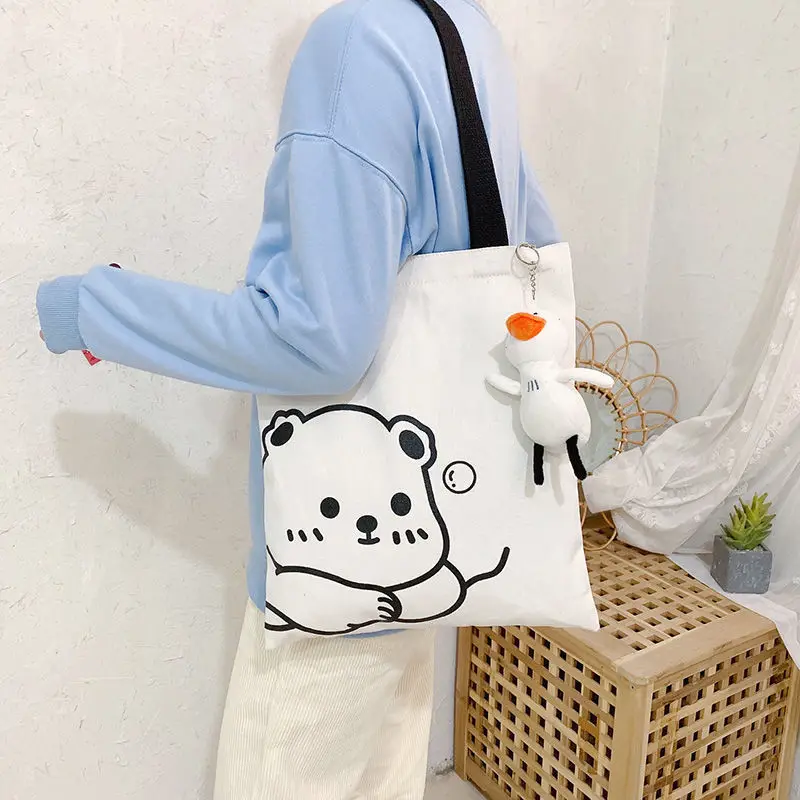 No Zipper Canvas Bag Student Fashion Cartoon Hand Gift Leisure One Shoulder Shopping Handheld Cute Canvas Bag