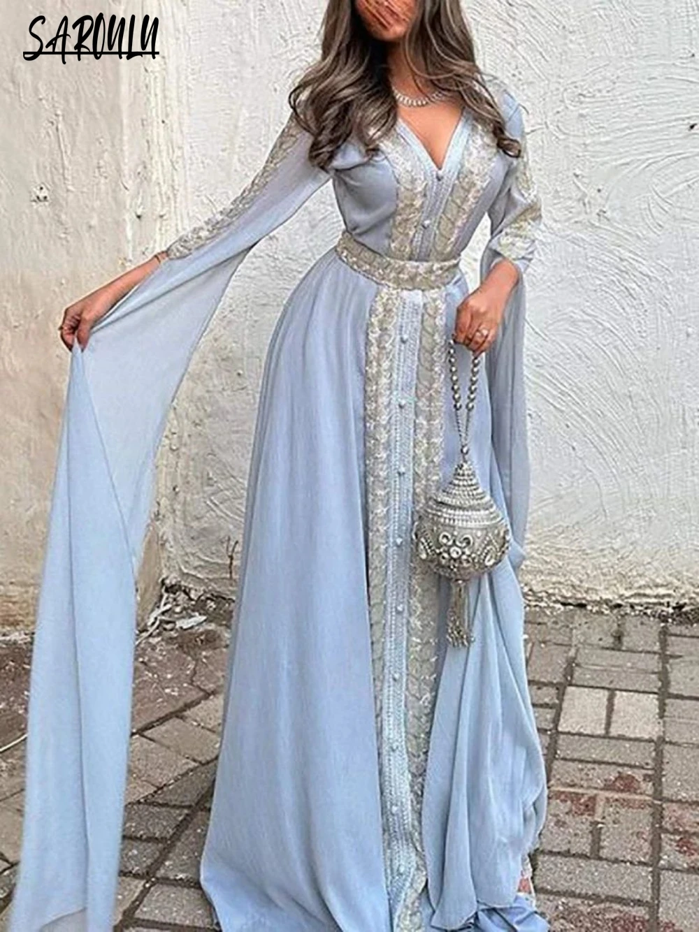 

Moroccan V-neck Evening Dresses Classic Chiffon A-line Bridal Dress Caftan Appliques Floor-length Plus Size Gown Robe De Mariée