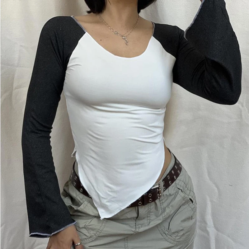 

Gaono Patchwork Flare Full Sleeve Crop Top Irregular O Neck Harajuku Basic Casual Retro Tee Women Autumn Korean Chic Outfits
