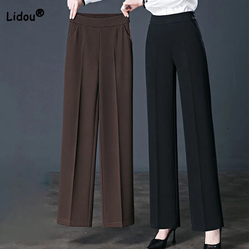 Elastic High Waist Casual Solid Pants Spring Autumn Women's Clothing Simplicity All-match Pockets Straight Trousers for Female