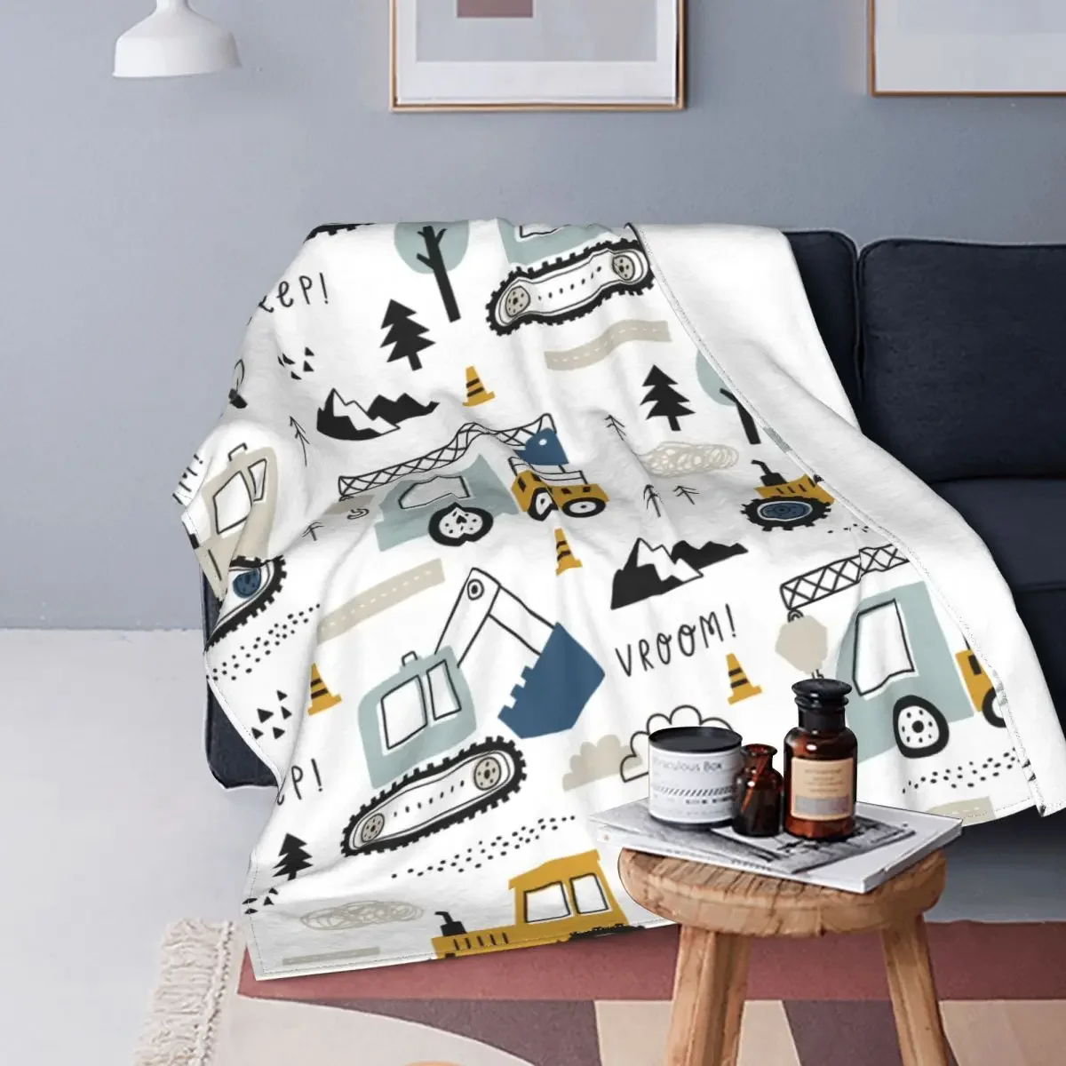 

Cartoon Truck Excavator Blanket Fleece Print Backhoe Cranes Equipment Portable Soft Throw Blanket for Bed Bedroom Rug Piece