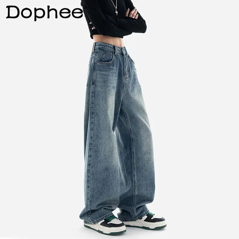 

Dark Jeans Women's Clothing Spring and Autumn High Waist Straight Loose Slimming Blue Wide Leg Mop Pants Casual Long Denim Pants
