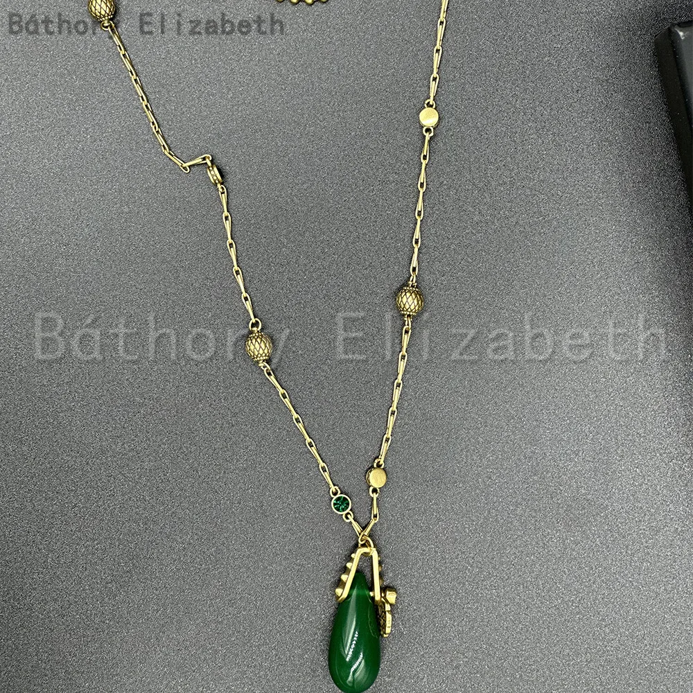 Elizabeth Bathory Vintage Green Diamond Double Bead Long Chain Woman Punk Rock Sweater Chain Fashion party jewelry