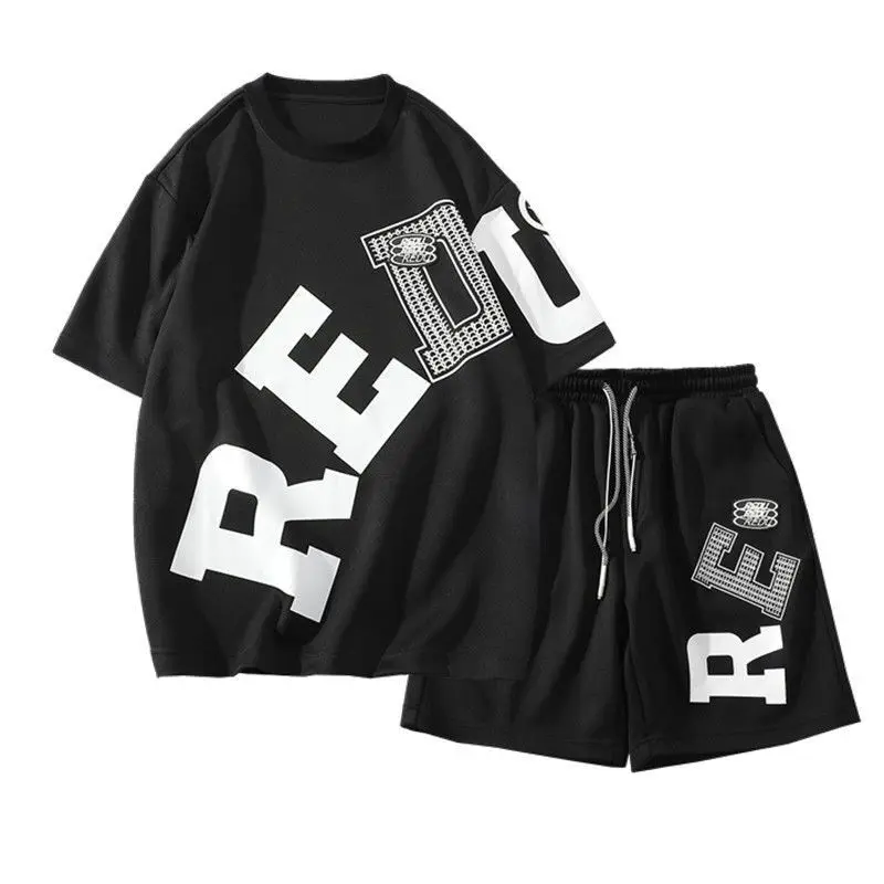 Men's casual Shorts Set alphabet print T-shirt two piece set summer high street hip hop casual wear 3