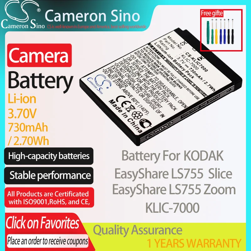 Batteria Cameronsino Per Kodak Easyshare Ls755 Easyshare Ls755 Fetta Zoom Adatto Batteria Fotocamera Kodak Klic-7000 730Mah 3.70V Li-Ion