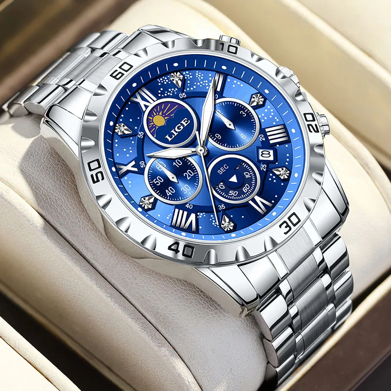 LIGE New 24 Hour Moon Phase Watch Men Fashion Sports Men Watch Waterproof Stainless Steel Luminous Quartz Wristwatches For Men