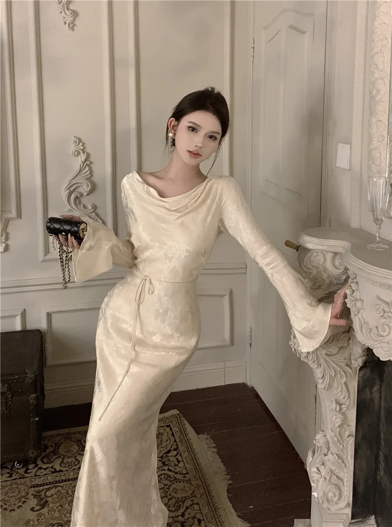 Autumn Bodycon Wedding Evening Dresses for Women Flare Sleeve Swinging Collar French Vintage Prom Robe Midi Vestidos Mujer New