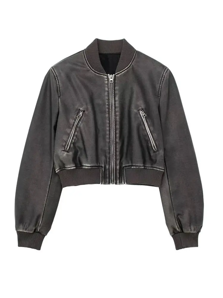 SpotltWM Spring Autumn Women Washed Gradient Leather Jacket Vintage Stand Collar Gradient Zipper Short Coat